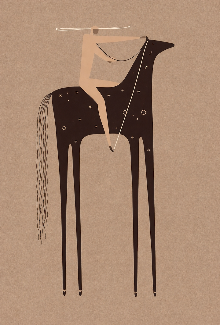 Illustration of a woman riding a horse with star patterns on a beige background