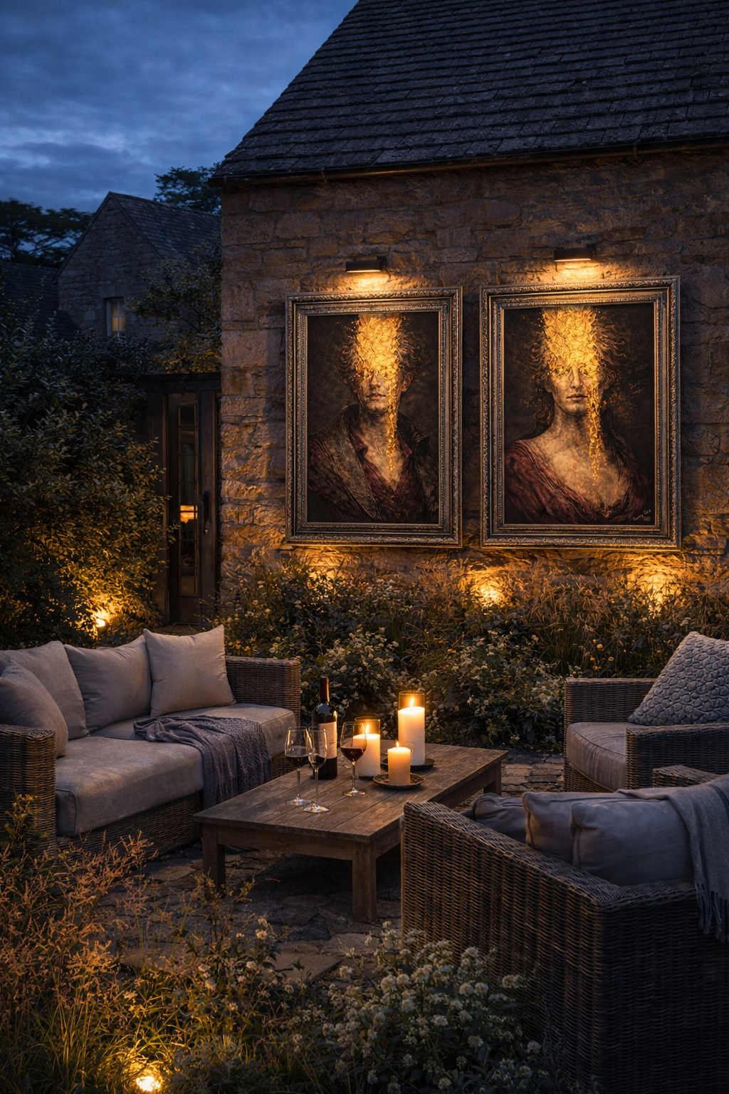 Outdoor evening setting with stone wall, framed artwork, and lit candles.