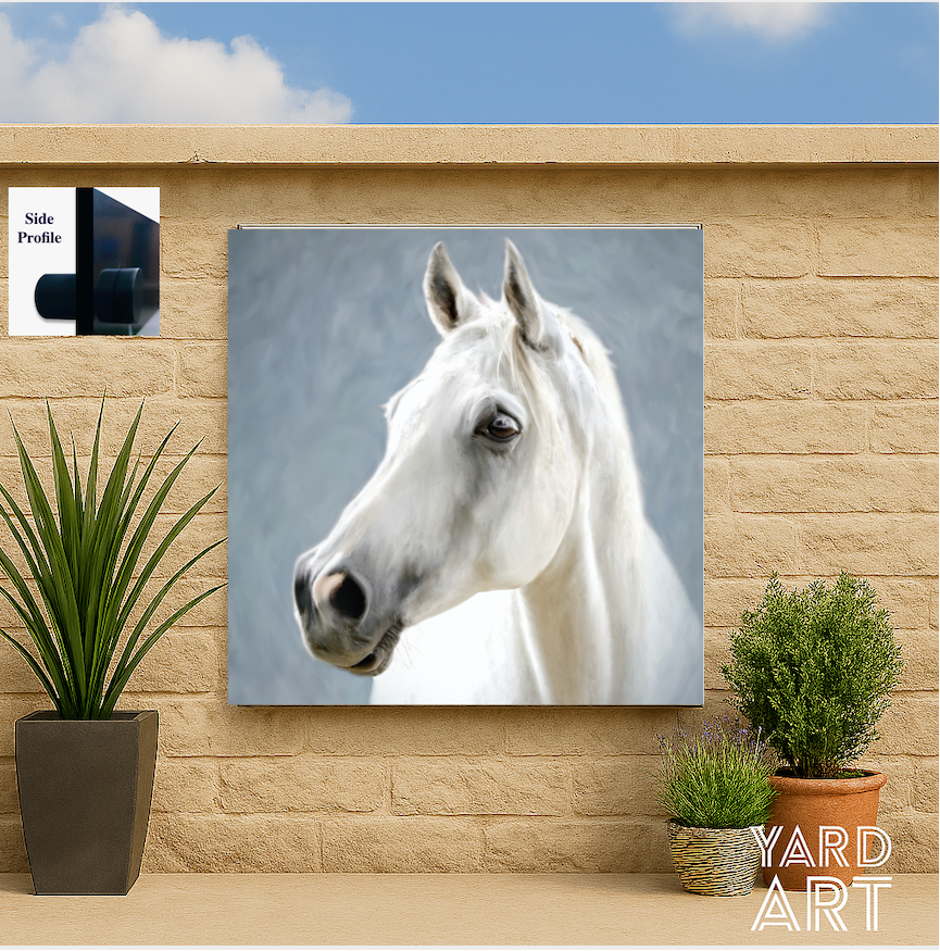 White horse portrait on a wall with plants and 'Yard Art' branding.