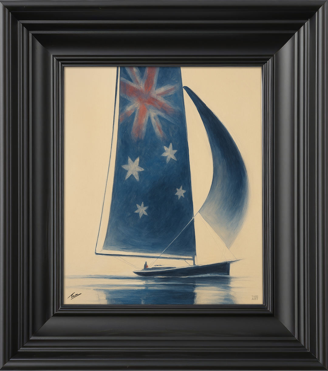 Framed artwork of a sailboat with an Australian flag on a beige background