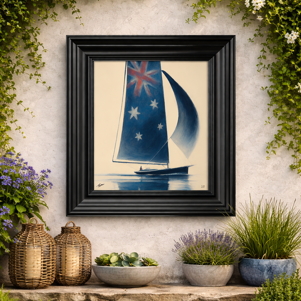 Framed artwork of a sailboat with a blue sail of Australian flag on a stone ledge with plants and flowers.