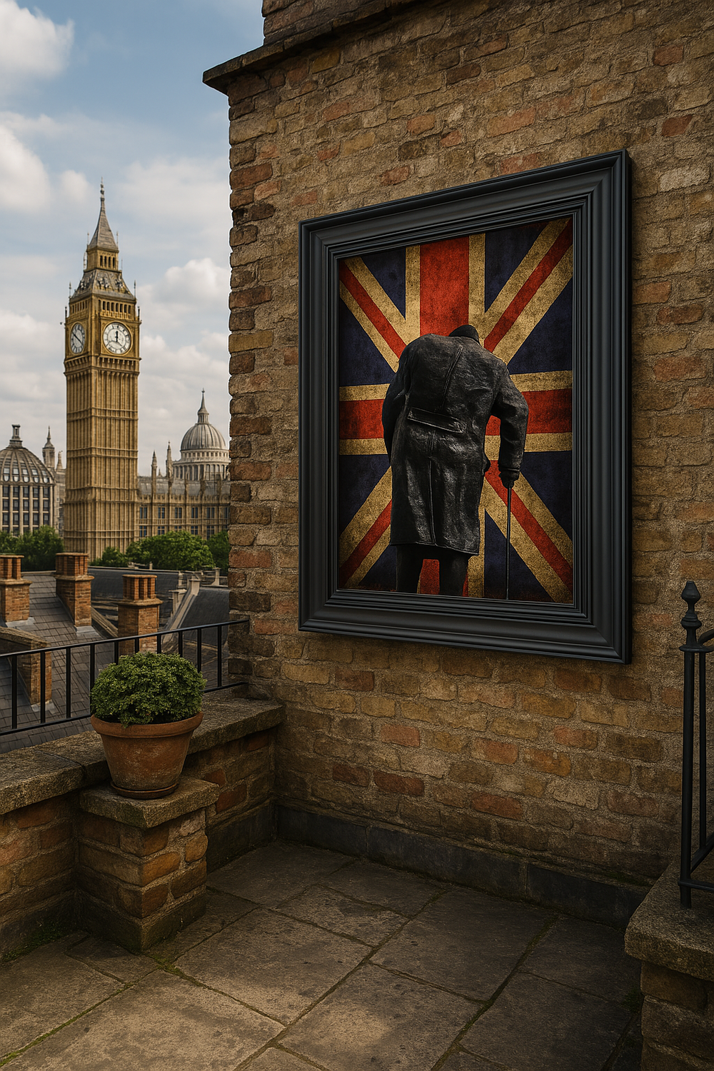 An acrylic print with a 3D effect frame depicting Winston Churchill in front of a Union Jack background, installed on a brick wall with a view of the Houses of Parliament in the distance.