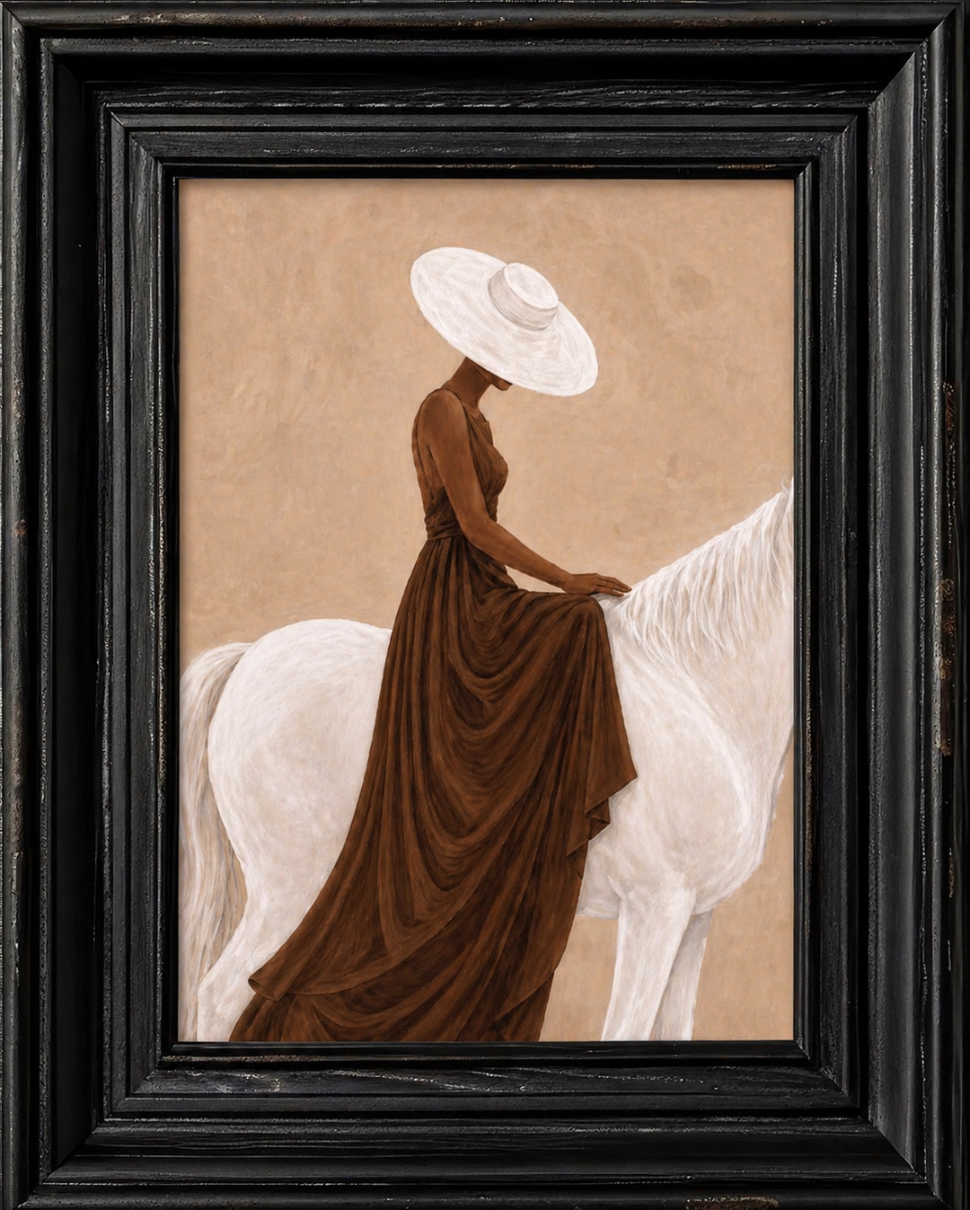 Framed artwork of a woman in a brown dress and white hat sitting on a white horse.