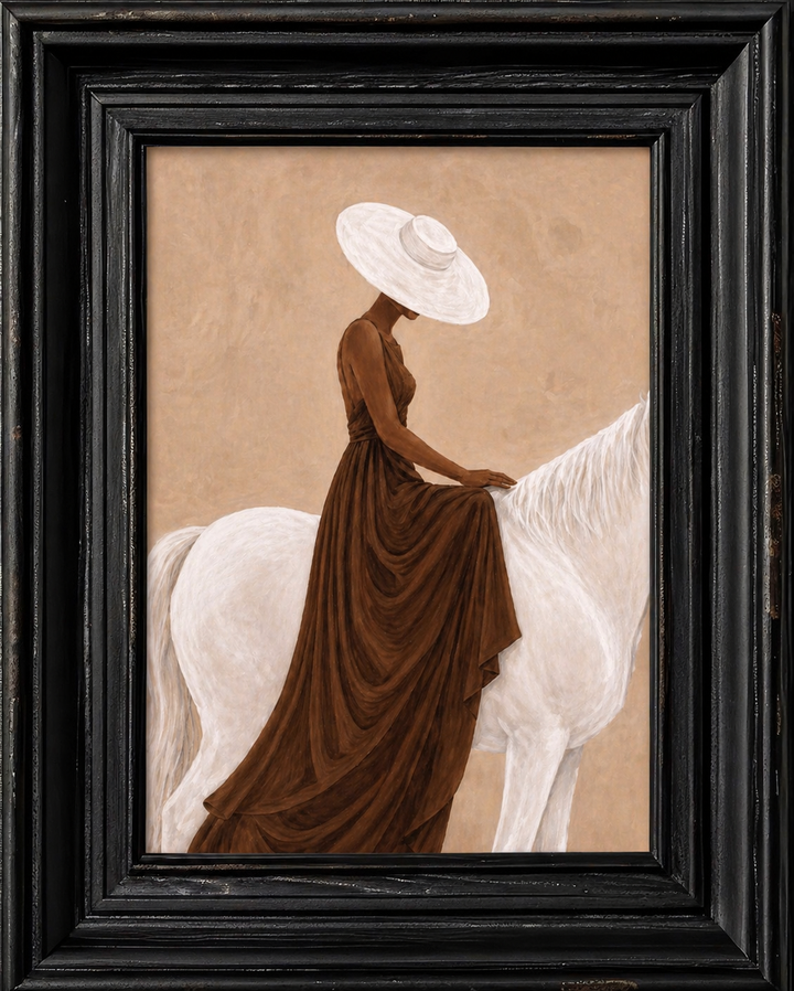 Framed artwork of a woman in a brown dress and white hat sitting on a white horse.