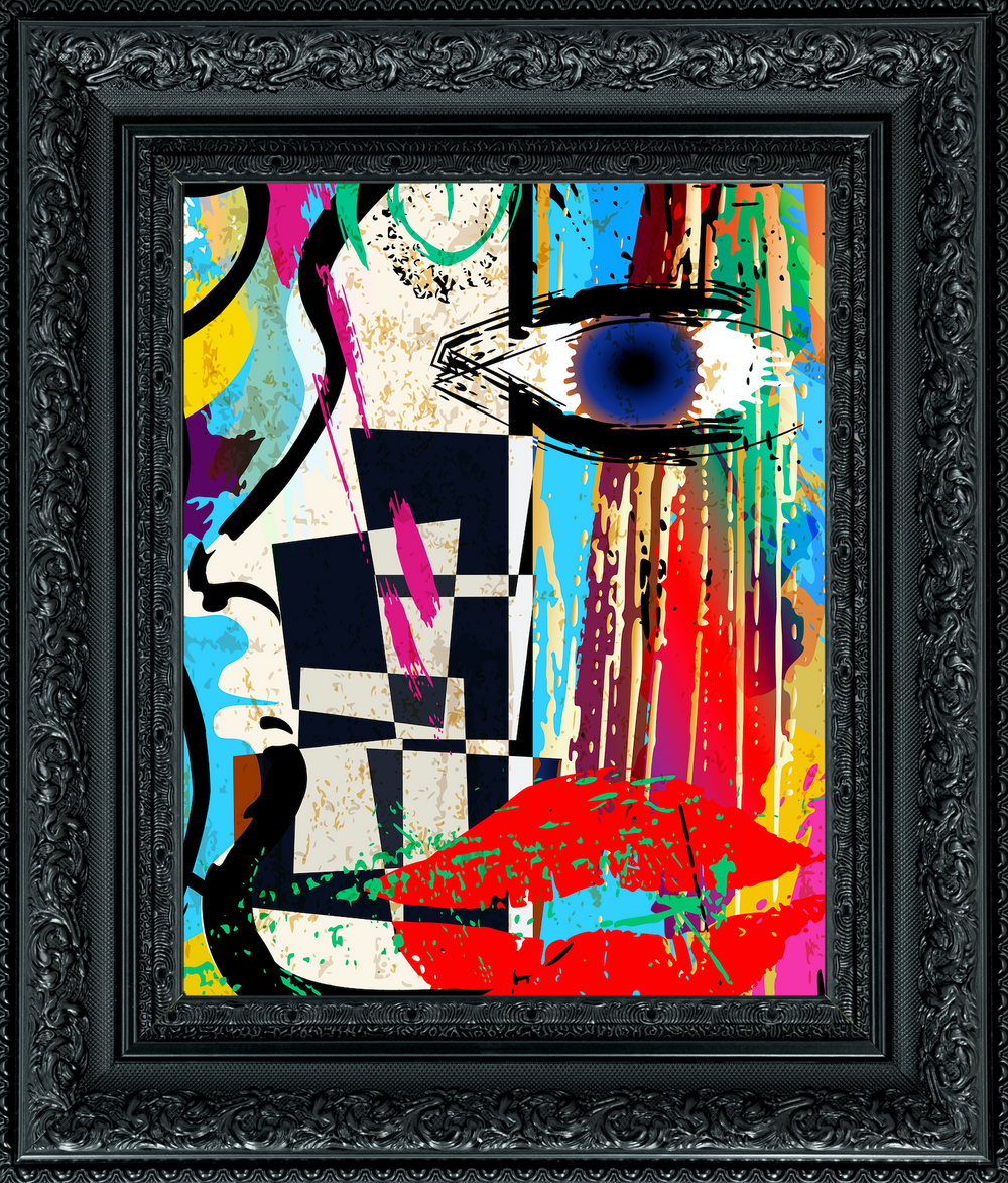 Abstract artwork with vibrant colors and geometric shapes in a black ornate frame.
