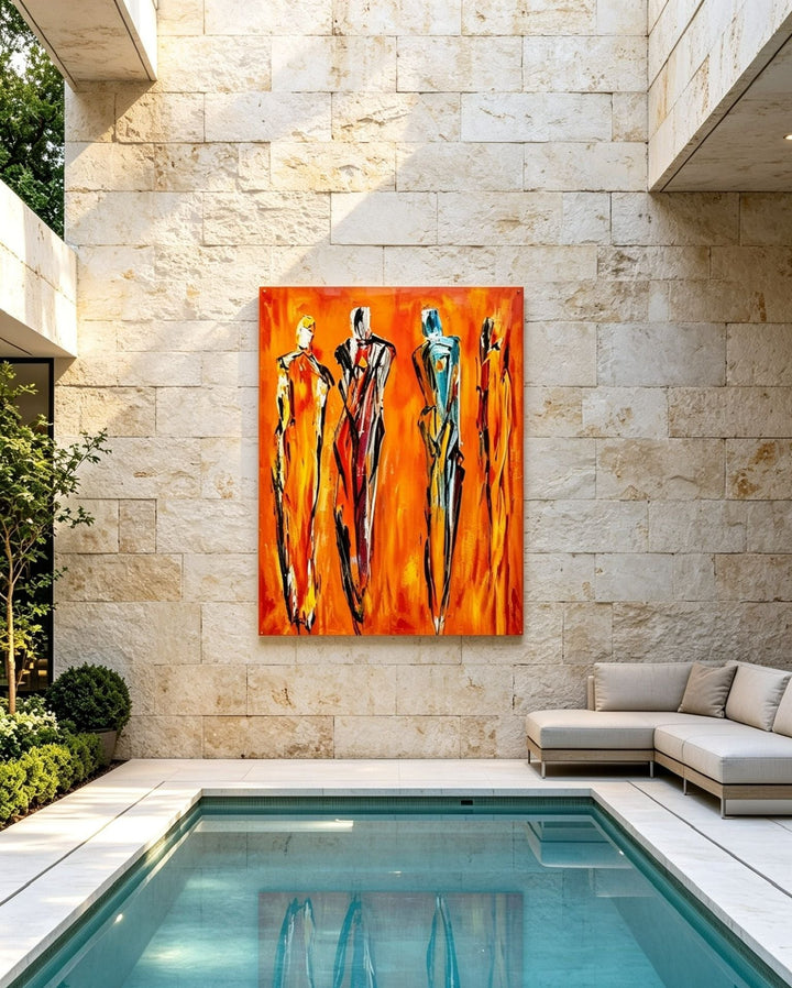 Colorful abstract painting on a stone wall next to a pool