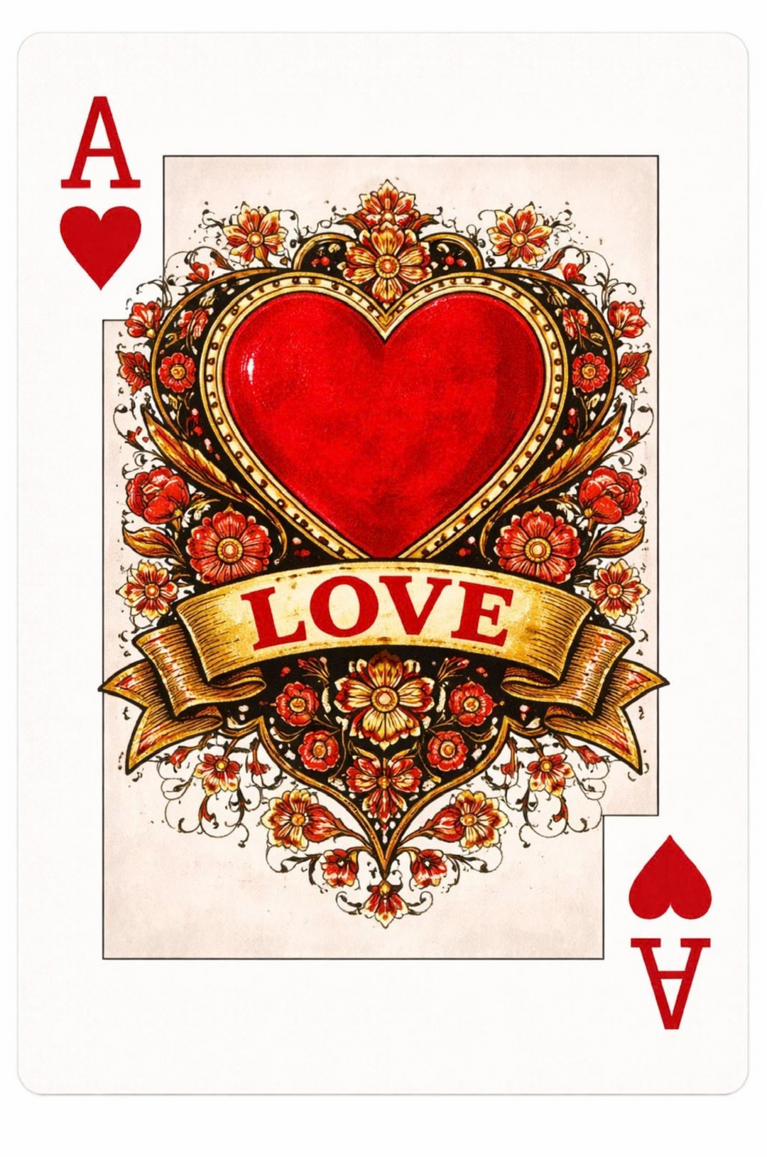 Playing card with a red heart and 'LOVE' text, surrounded by floral designs.