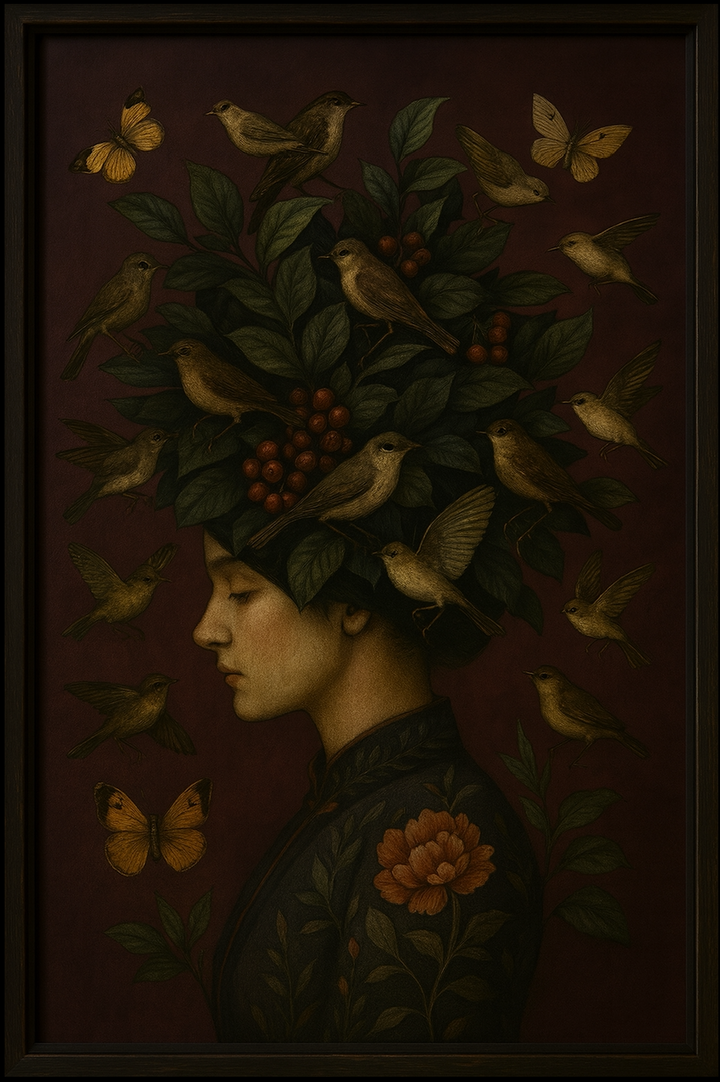 Artistic depiction of a person with nature elements like birds, leaves, and flowers on a dark background