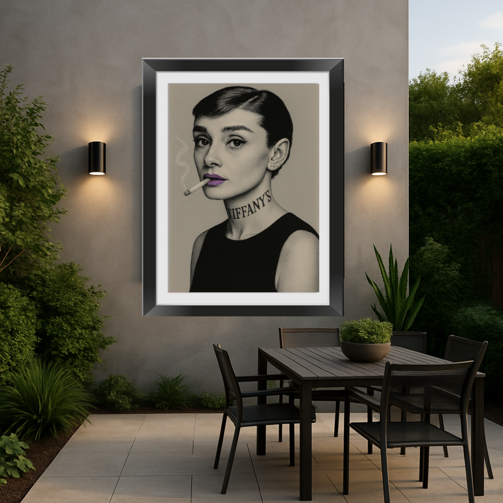 Framed portrait of a woman with 'Tiffany's' necklace on a wall above an outdoor dining area.