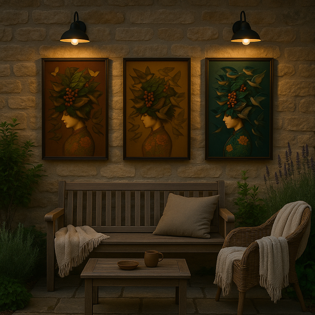 Outdoor seating area with a stone wall, bench, and wall art in a warm, dimly lit setting.