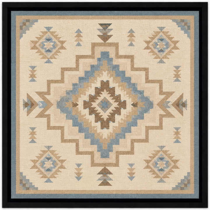 Geometric patterned wall art with a diamond design in beige, brown, and blue on a beige background.