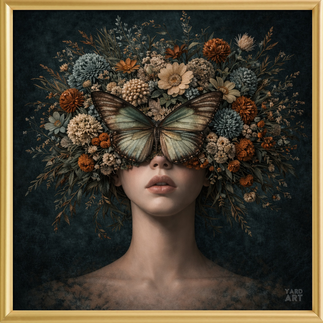 Artistic depiction of a person with a butterfly on their face surrounded by flowers and foliage.