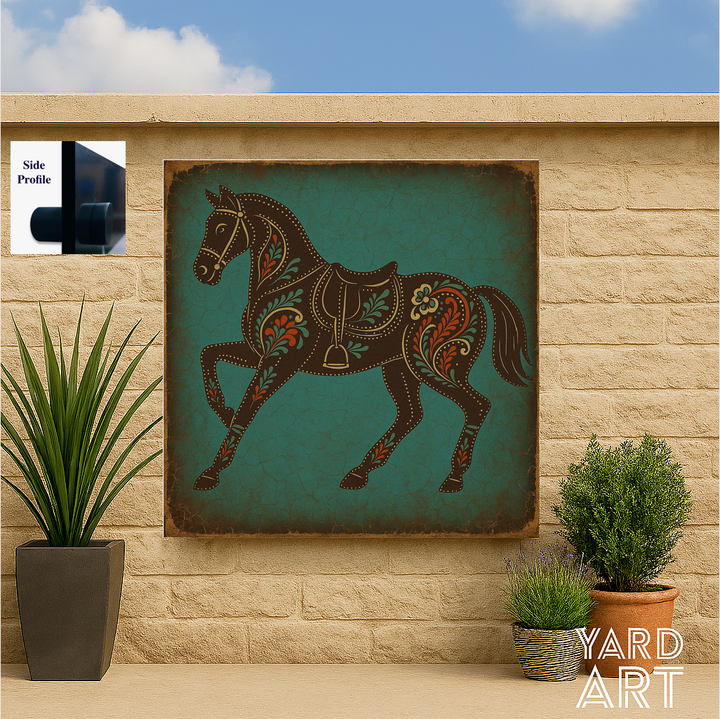 Decorative horse artwork on a wall with plants and a clear sky.