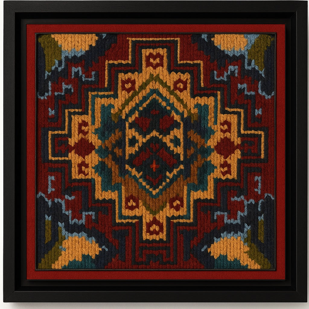 Framed needlepoint with geometric pattern in red, yellow, and blue on a black background