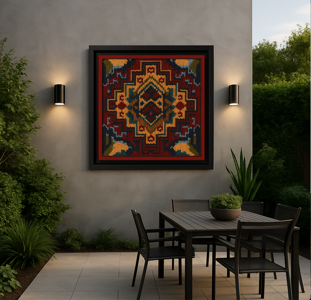 Outdoor setting with a framed geometric tapestry, table, and chairs against a wall.