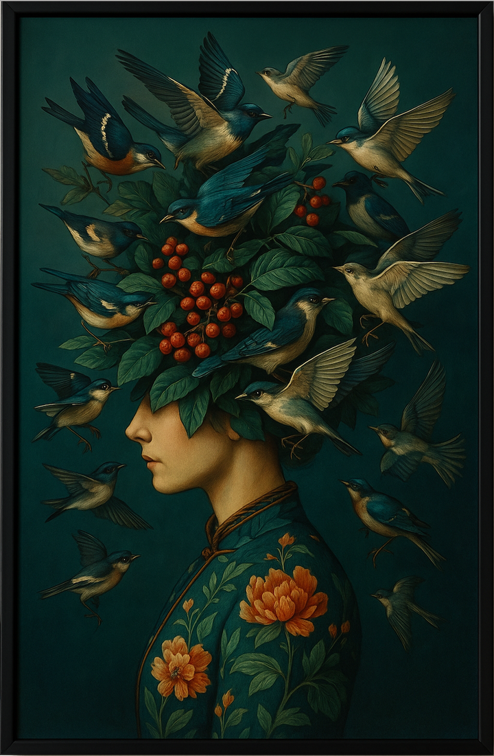 Artistic depiction of a woman's profile with birds and flowers on a dark green background