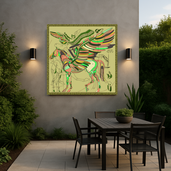 Colorful abstract artwork of a winged horse on a wall above an outdoor dining area.