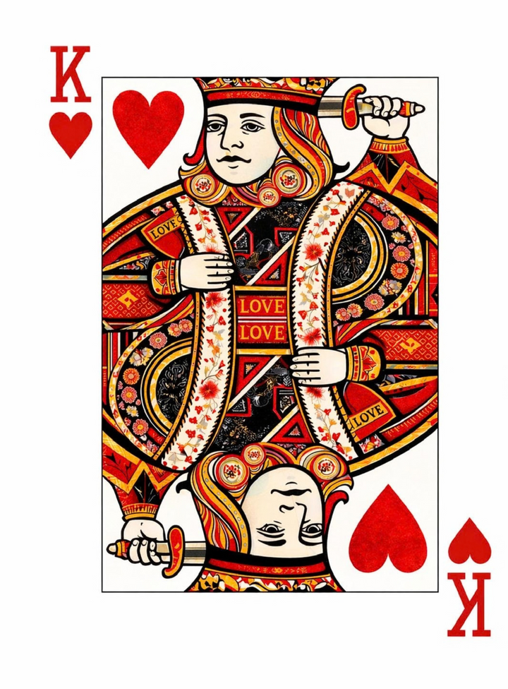 King of Hearts playing card with ornate design and red hearts