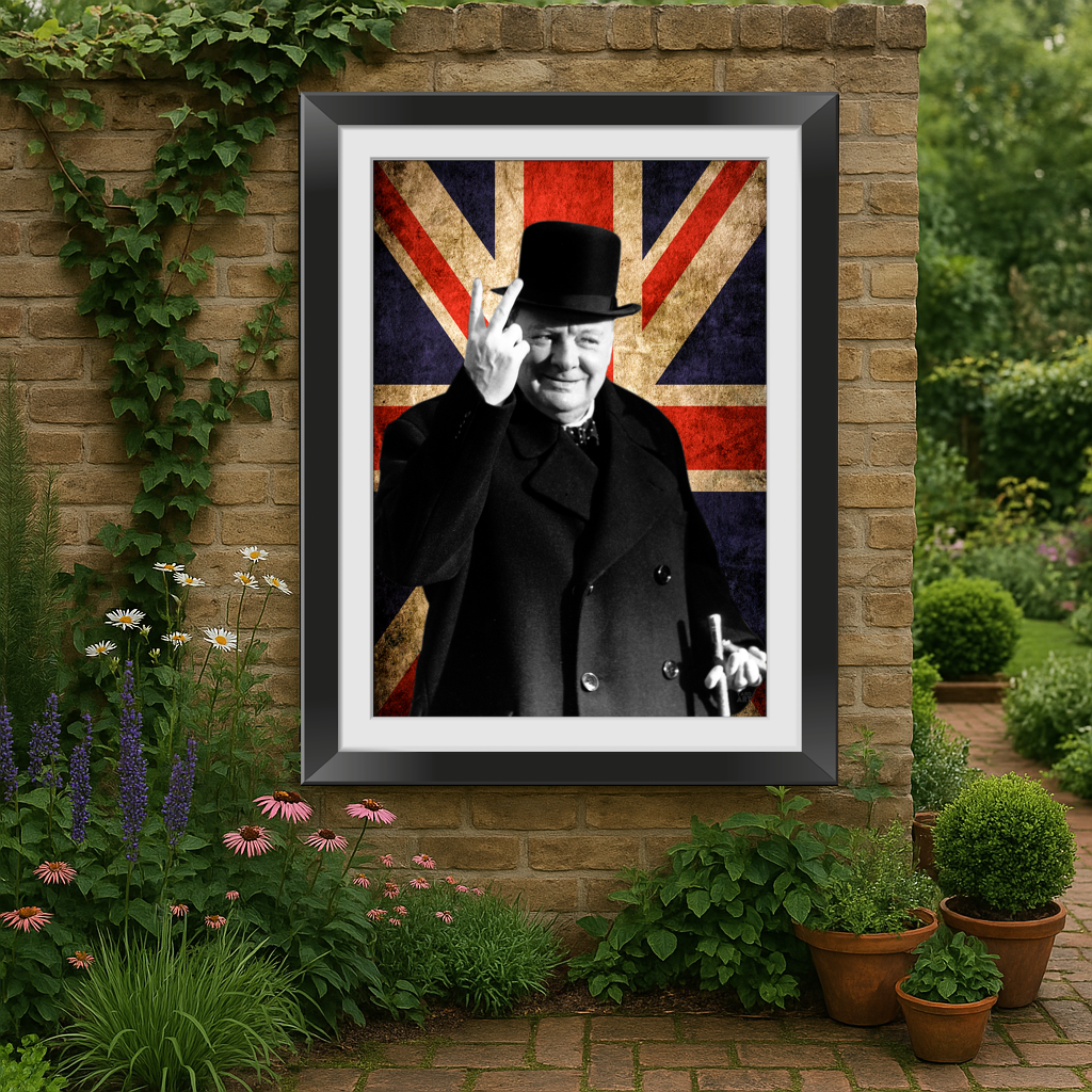 Framed portrait of a man with a Union Jack background on a brick wall with plants.