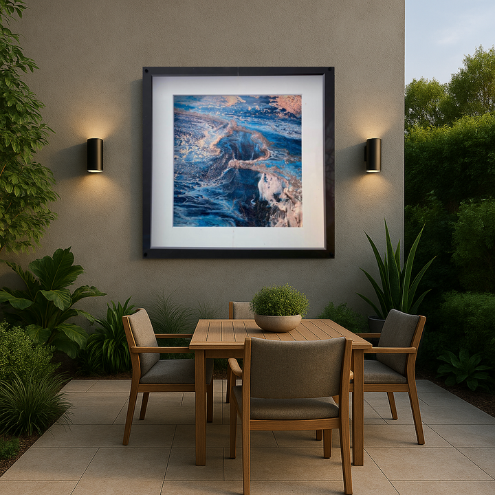 Outdoor patio setting with wooden table and chairs, framed artwork on wall, and plants.