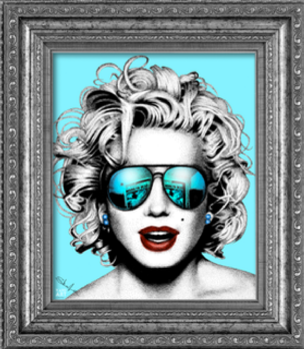 A colorful illustration of marilyn monroe with a 3D effect frame, resembling a famous actress, displayed against a blue background.