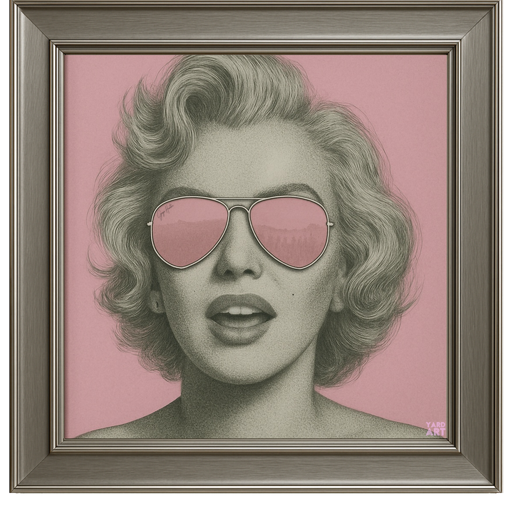 Framed artwork of a stylized portrait with pink sunglasses on a pink background