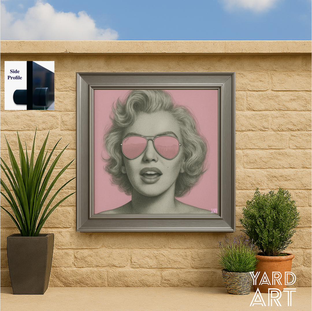 Framed artwork of a person wearing pink sunglasses on a stone wall with plants.