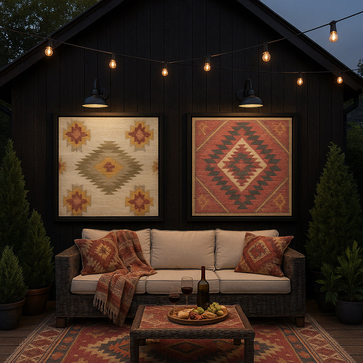 Outdoor evening setting with a couch, coffee table, and decorative pillows against a dark wall with framed artwork.