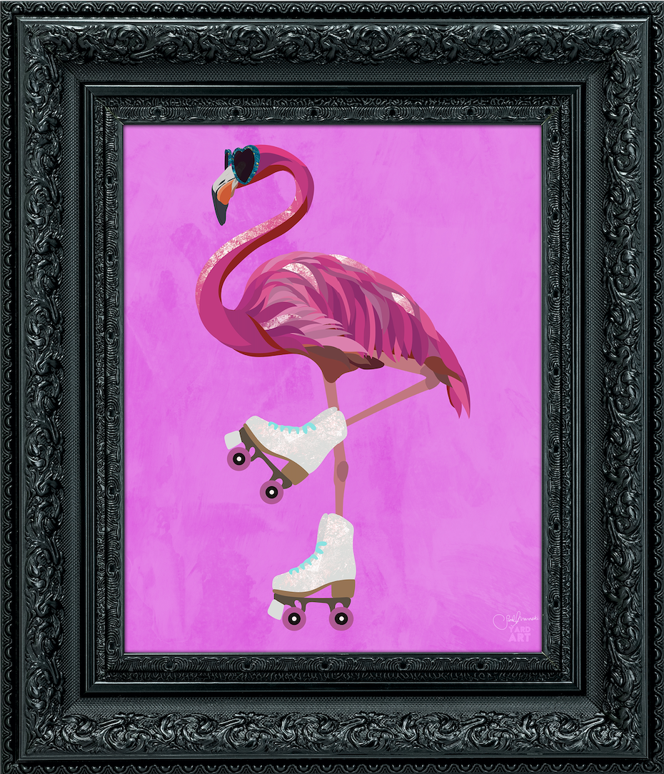pink flamingo on rollerskates