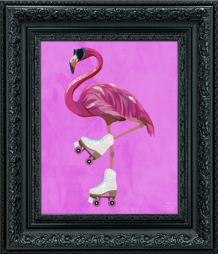 pink flamingo on rollerskates
