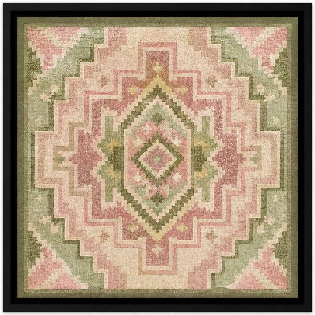 Decorative wall art with geometric pattern in pink and green on a beige background