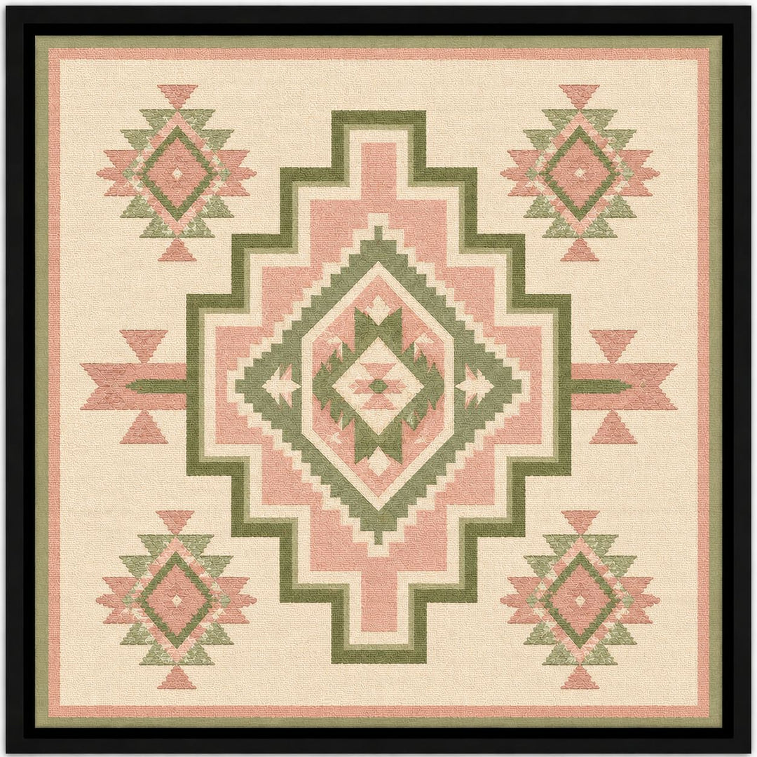 Wall art with geometric pattern in pink and green on a beige background