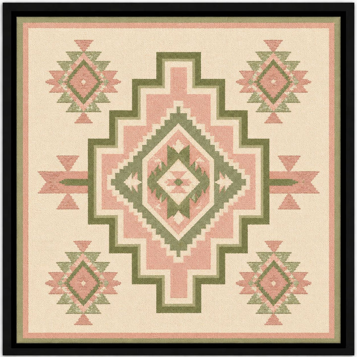 Wall art with geometric pattern in pink and green on a beige background