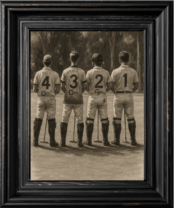 Vintage black and white photograph of four polo players in uniform with numbers on a field.
