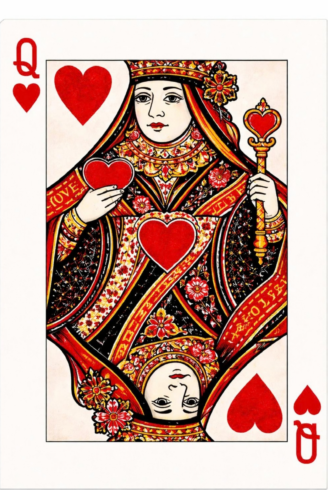 Queen of Hearts playing card with decorative design on a white background
