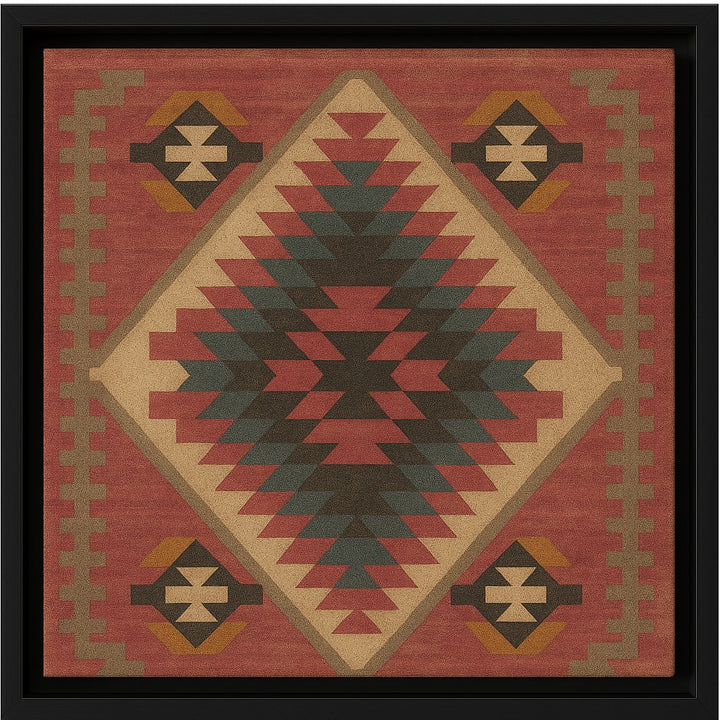 Framed artwork with geometric pattern on a red background