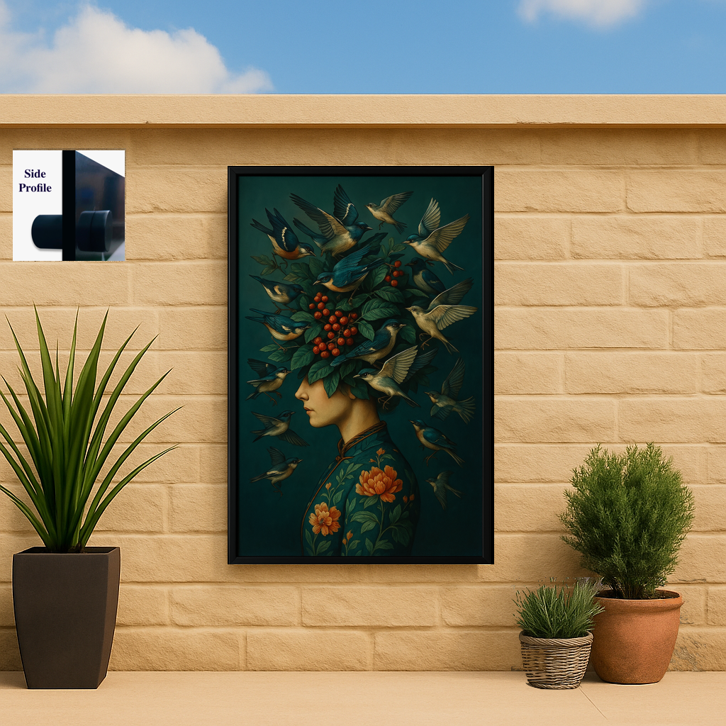 Framed artwork of a woman with birds and flowers on her head against a beige wall with plants.