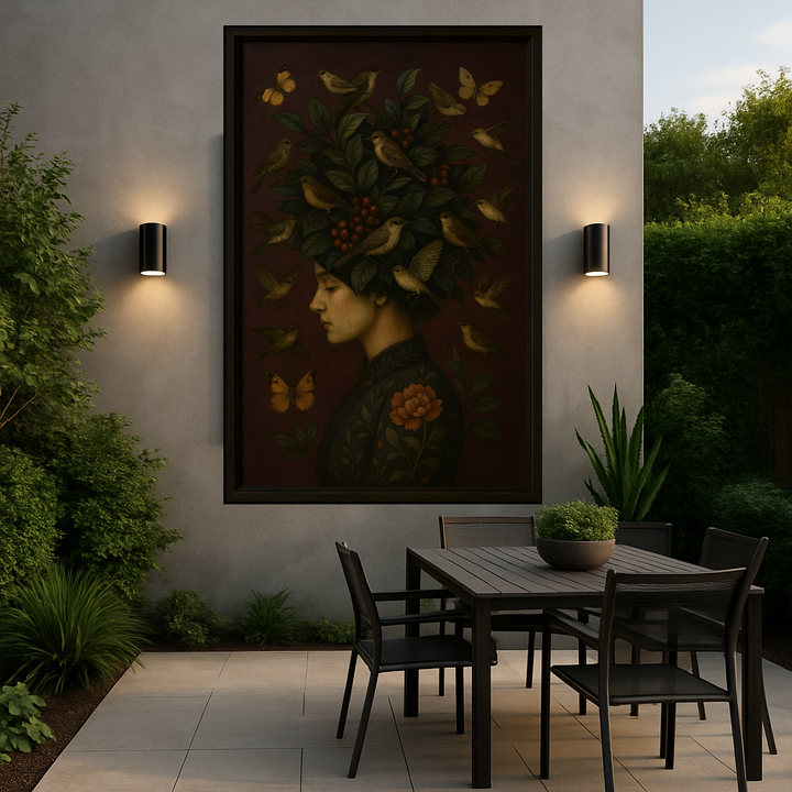 Outdoor patio with a table and chairs, framed artwork on the wall, and garden setting.