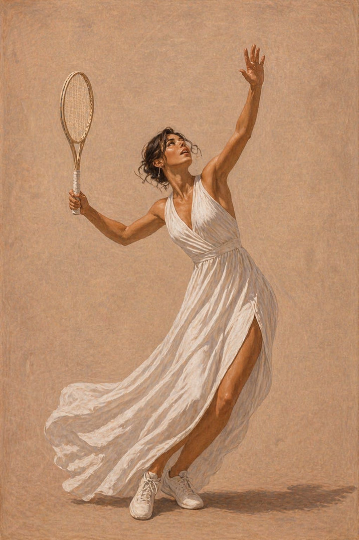 Woman in a white dress holding a tennis racket against a beige background