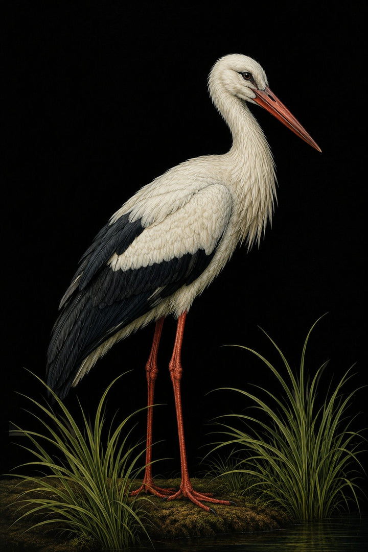 White stork standing on a rock with grasses in the foreground against a black background