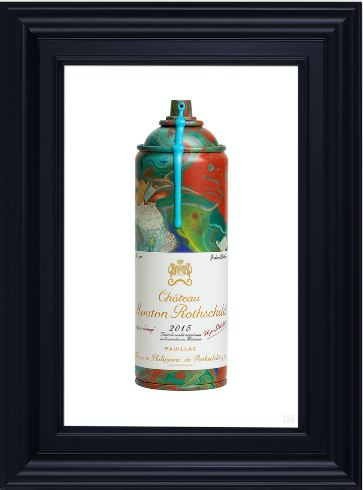 Framed artwork of a wine bottle label with colorful design