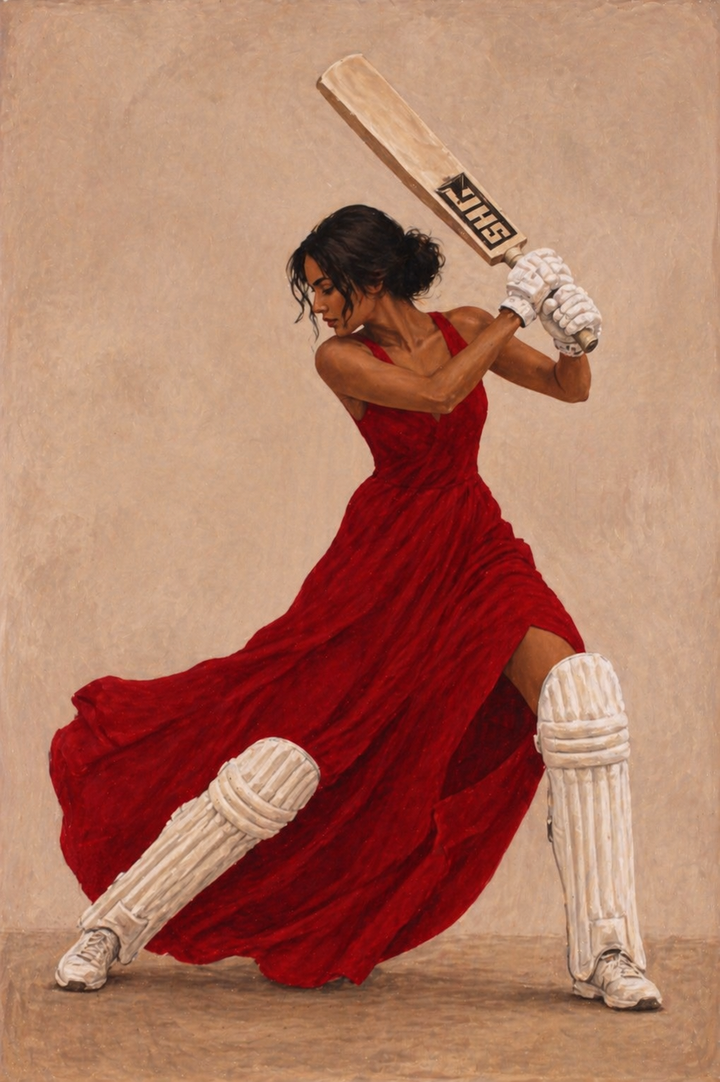 Woman in a red dress playing cricket with a bat and protective gear on a beige background