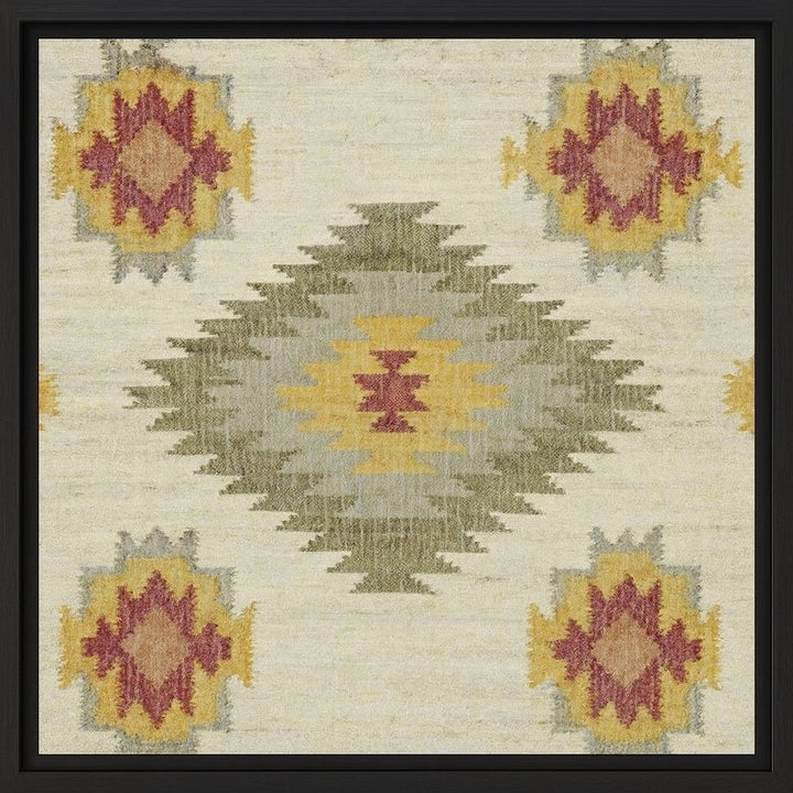 Decorative rug with geometric pattern featuring yellow, purple, and gray colors on a beige background.